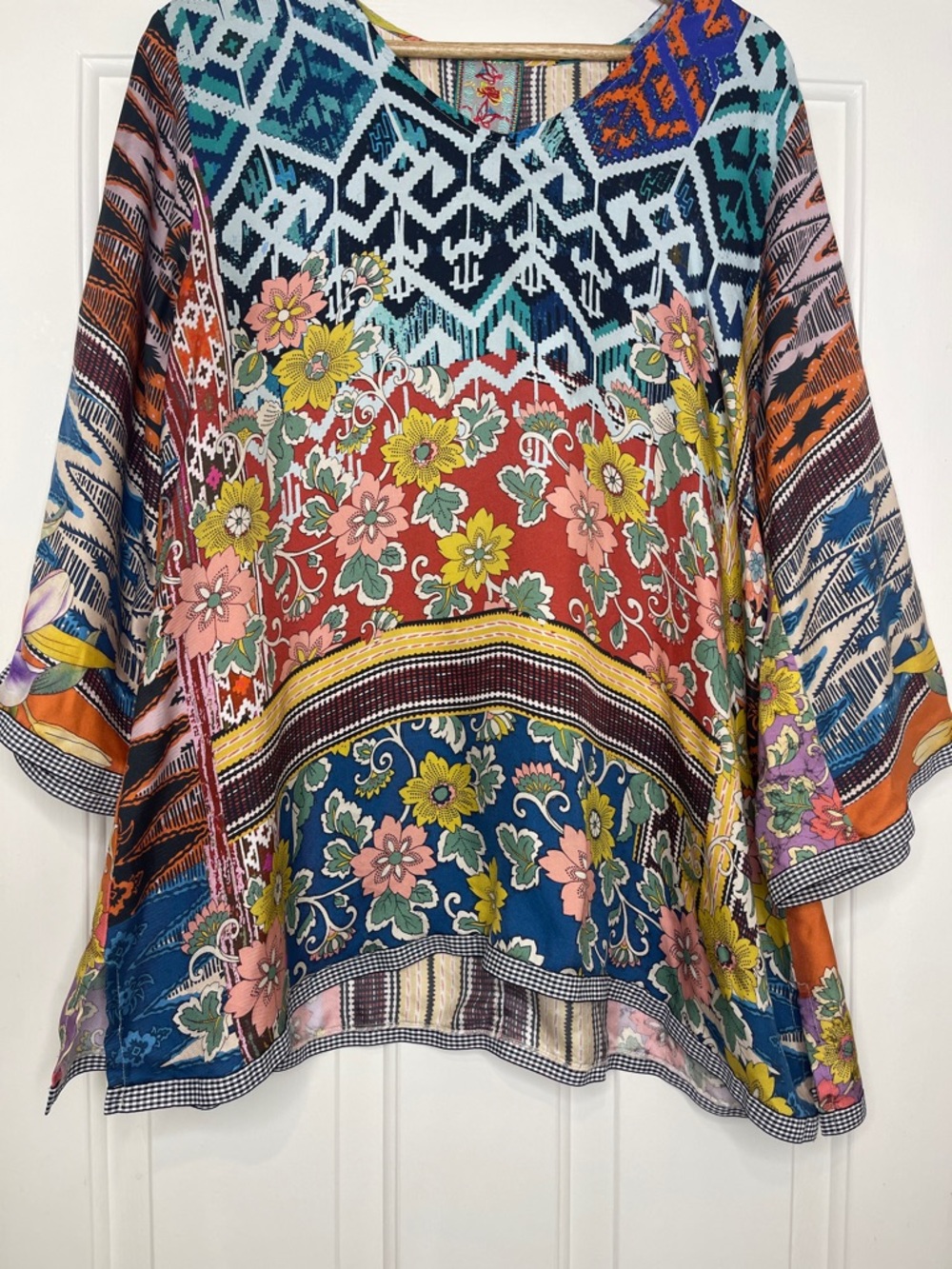 Johnny Was Silk Multicolor Floral & Geometric Boho Tunic Medium - Picture 3 of 12